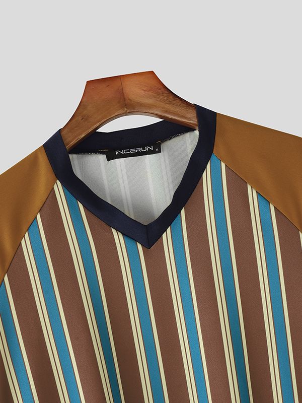 Men's Striped Color Block V Neck Long Sleeve T-Shirt SKUL32989
