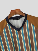 Men's Striped Color Block V Neck Long Sleeve T-Shirt SKUL32989