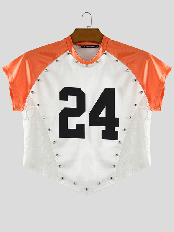 Men's Number Print Lace Patchwork Cropped Short Sleeve T-Shirt SKUL22793