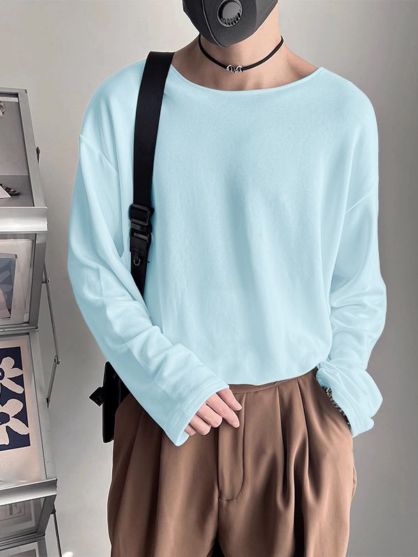 Men's Solid Color Loose Crew Neck Long Sleeve T-Shirt SKUL38549