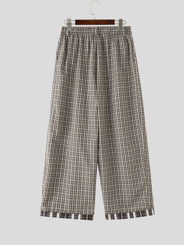 Men's Vintage Cityboy Gingham Plaid Contrast Layered Cuff Baggy Wide-Leg Pant SKUL69700