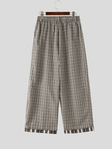 Men's Vintage Cityboy Gingham Plaid Contrast Layered Cuff Baggy Wide-Leg Pant SKUL69700