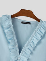 Men's Solid Color Ruffle V-Neck Long Sleeve Shirt SKUL50528