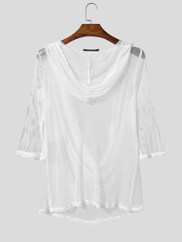 Men's Sheer Mesh Draped Neck Hooded Half Sleeve T-shirt SKUL54043
