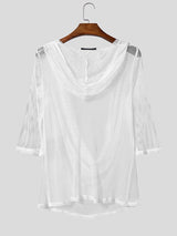 Men's Sheer Mesh Draped Neck Hooded Half Sleeve T-shirt SKUL54043