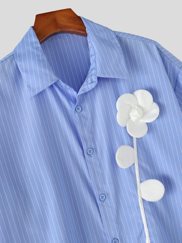 Men's Romantic Retro 3D Floral Applique Striped Boxy Short Sleeve Shirt SKUL77511
