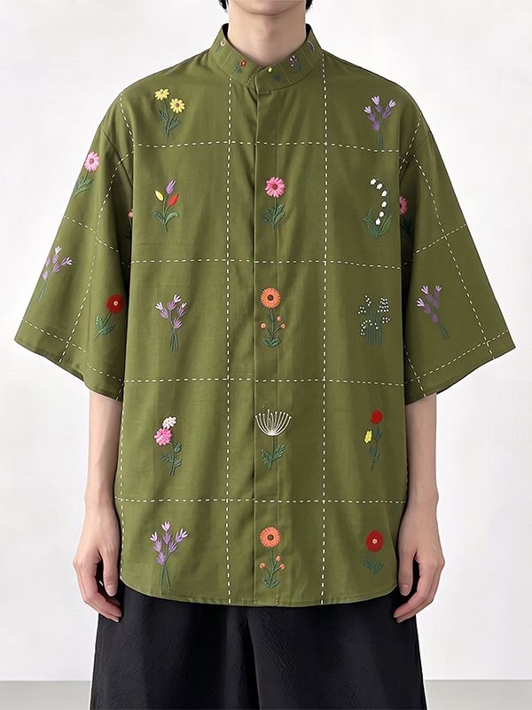 Men's Avant-Garde Neo-Chinese Dotted-Grid Floral Print Short Sleeve Shirt SKUL72451