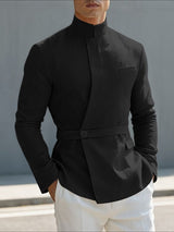 Men's Solid Color Minimalist Stand Collar Long Sleeve Shirt SKUL43669