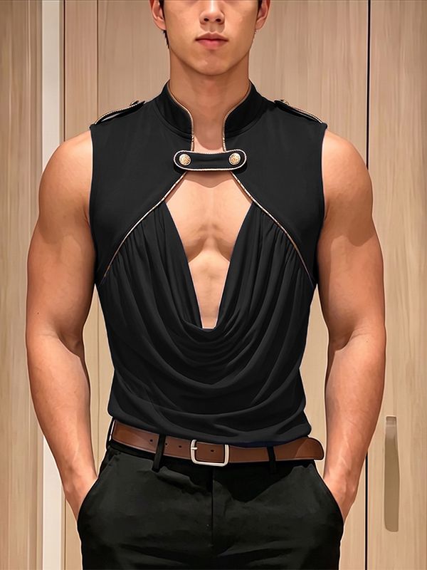 Men's Avant-Garde Victorian Draped Cowl Neck Military Tank SKUL76371