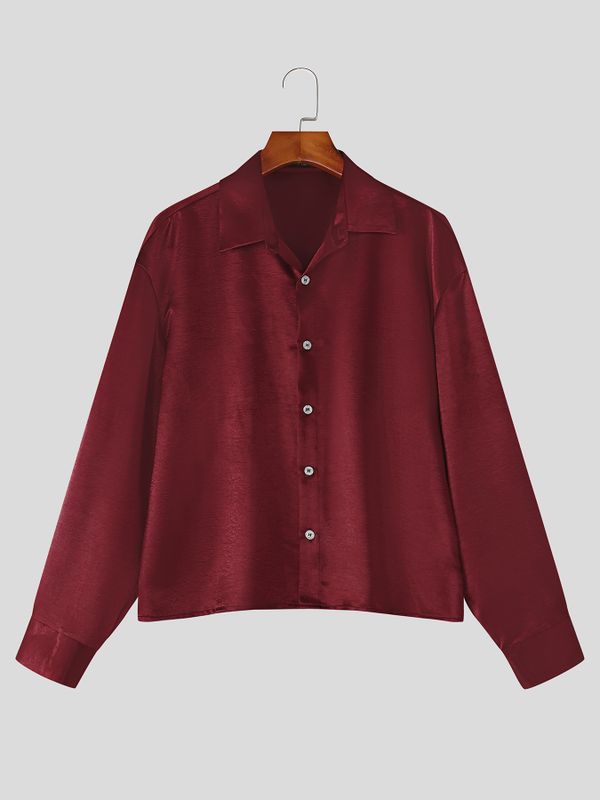 Men's Yuppie Streetwear Silky Satin Boxy Cropped Long Sleeve Button-Up Shirt SKUL79040