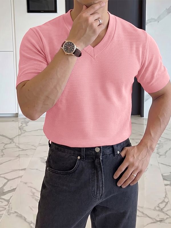 Men's Smart Casual Textured Slim Fit V-Neck Short Sleeve T-shirt SKUL69522