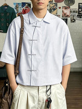 Men's New Chinese Style Vertical Stripe Frog Button Short Sleeve Shirt SKUL60142