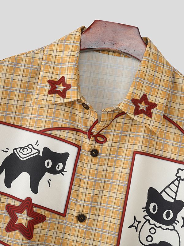 Men's Cartoon Print Plaid Short Sleeve Shirt SKUL45988