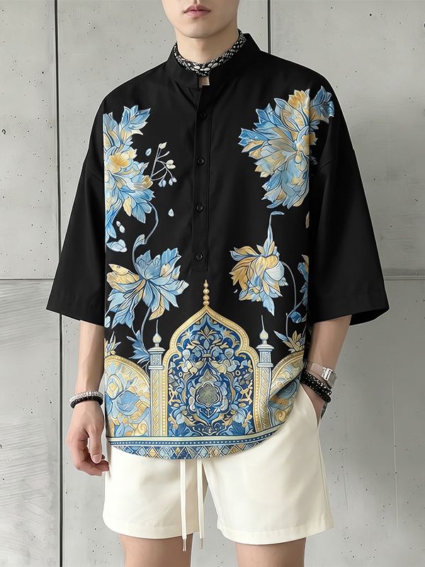 Men's Neo-Chinese Mandrin Collar All-Over Architectural Chrysanthemum Print Short Sleeve Shirt SKUL68399