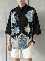 Men's Neo-Chinese Mandrin Collar All-Over Architectural Chrysanthemum Print Short Sleeve Shirt SKUL68399