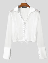 Men's Sheer Mesh Drawstring Eyelet Cropped Long Sleeve T-shirt SKUL45419