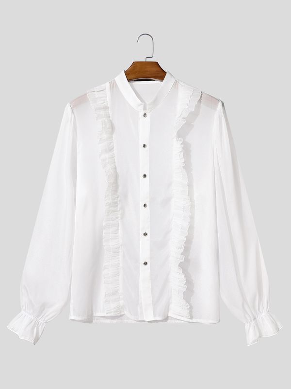 Men's Victorian Romance Sheer Chiffon Ruffled Mandarin Collar Shirt SKUL79733