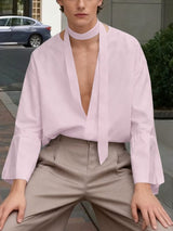 Men's Ribbon Deep V Neck Long Sleeve Shirt SKUL46568