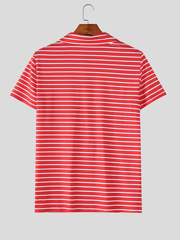 Men's Striped Zipper Turn Down Collar Short Sleeve T-shirt SKUL47695