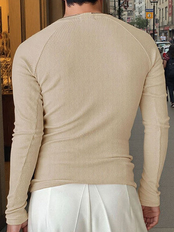 Mens Solid Color Textured Long Sleeve T-Shirt SKUK95633