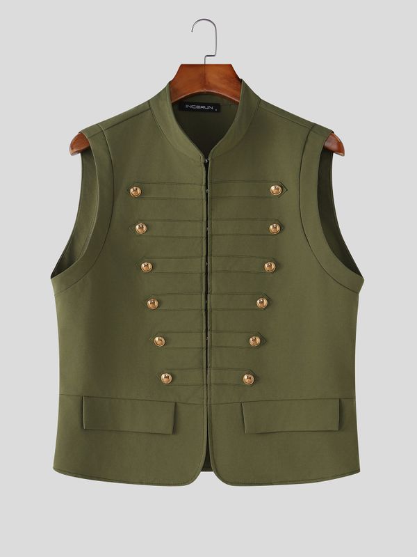 Men's Vintage Steampunk Military Hussar Stand Collar Sleeveless Waistcoat SKUL76355