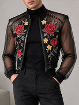 [Pre-order] Men's Avant-Garde Nightclub Party Rose Floral Embroidered Sheer Mesh Cropped Bomber Jacket SKUL89247