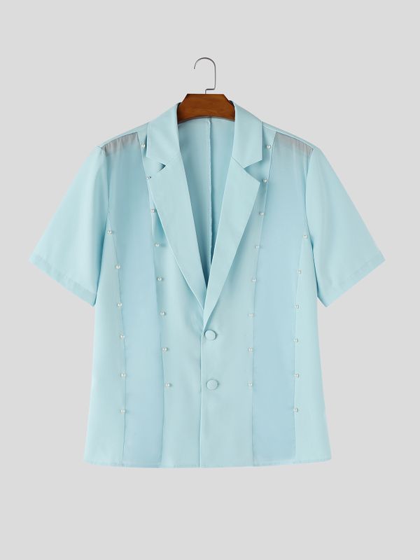 Men's Avant-Garde Pearl Beaded Mesh Patchwork Short Sleeve Cuban Collar Shirt SKUL64296