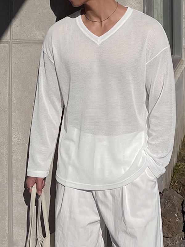 Men's Avant-Garde Sheer Mesh V-Neck Drop-Shoulder T-shirt SKUL80625