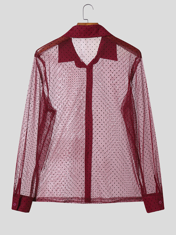 Men's Sheer Mesh Polka Dot Print Long Sleeve Shirt SKUL20217