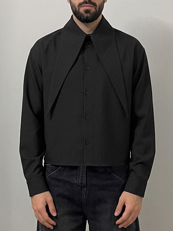 Men's High Street Early Autumn Drop Shoulder Cropped Long Sleeve Exaggerated Lapel Collar Shirt SKUL76420