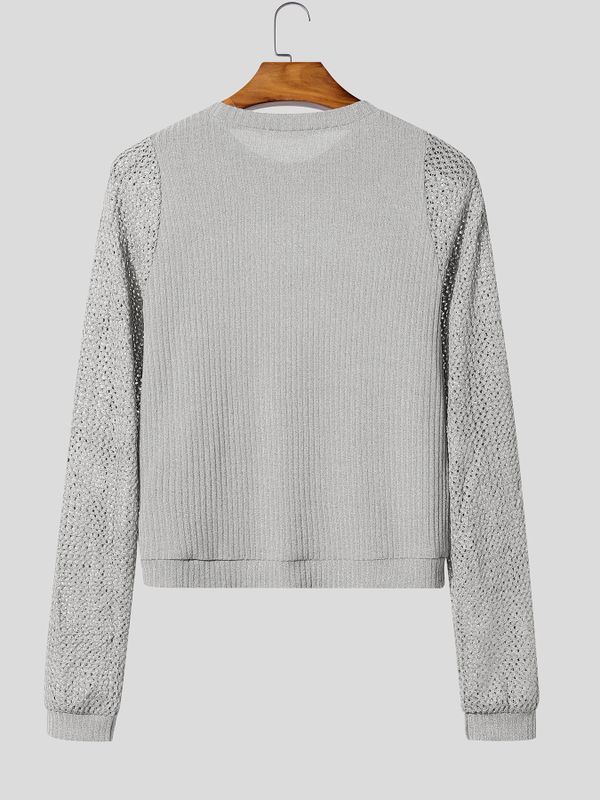 Men's Y2K High-Street Sheer Mesh Cropped Pointelle Knit T-shirt SKUL79540