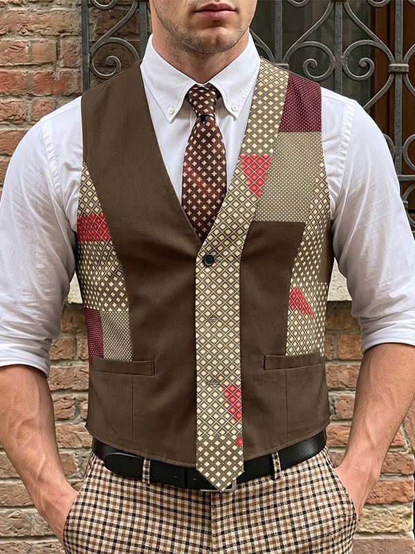 Men's Vintage Patchwork Faux-Tie Tailored Suit Waistcoat SKUL66931