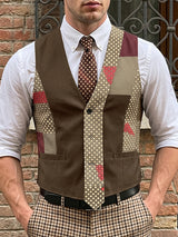 Men's Vintage Patchwork Faux-Tie Tailored Suit Waistcoat SKUL66931