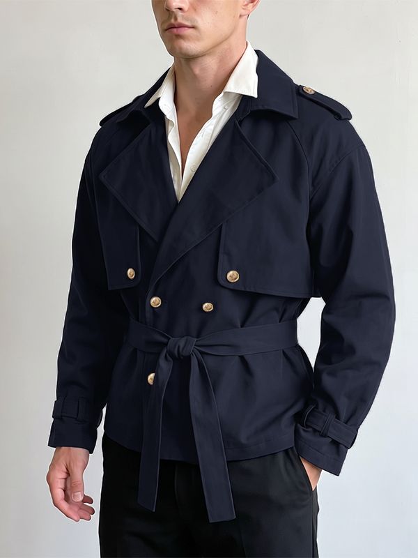 Men's Retro Urban Casual Epaulet Cuff Strap Cinched Waist Structured Twill Long Sleeve Lapel Collar Jacket SKUL78332