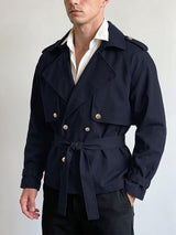 Men's Retro Urban Casual Epaulet Cuff Strap Cinched Waist Structured Twill Long Sleeve Lapel Collar Jacket SKUL78332