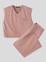 Men's Solid V Neck Vest Two Pieces Outfit SKUL31919