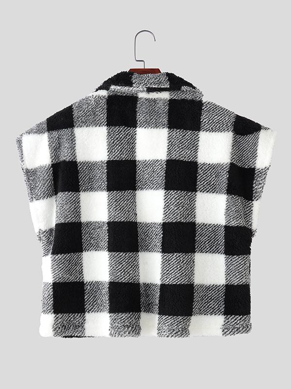 Men's Plaid Plush Cropped Casual Waistcoat SKUL32816