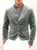 Men's Retro Quiet Luxury Cocktail Party Lustrous Velvet Metal Button Long Sleeve Stand Collar Jacket SKUL77985