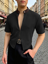 Men's Solid Color Textured Short Sleeve Zipper Cardigan SKUL48004