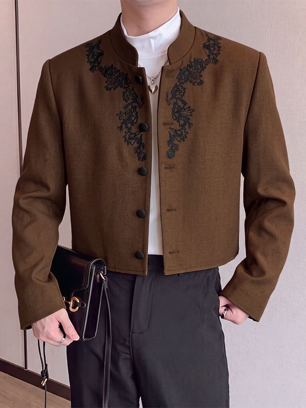 Men's Retro Party Floral Embroidery Cropped Boxy Long Sleeve Stand Collar Blazer SKUL80463