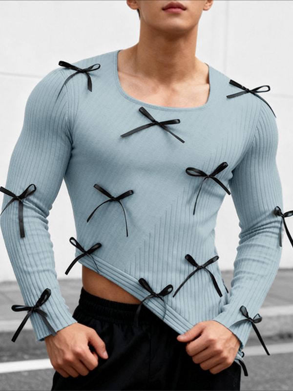 Men's Small Bow Patchwork Design Knit Textured Long Sleeve T-shirt SKUL43733