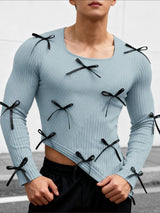Men's Small Bow Patchwork Design Knit Textured Long Sleeve T-shirt SKUL43733