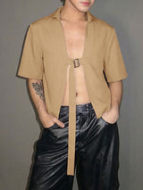 Men's Single Buckle Strap Open-Front Cropped Shirt SKUL57073