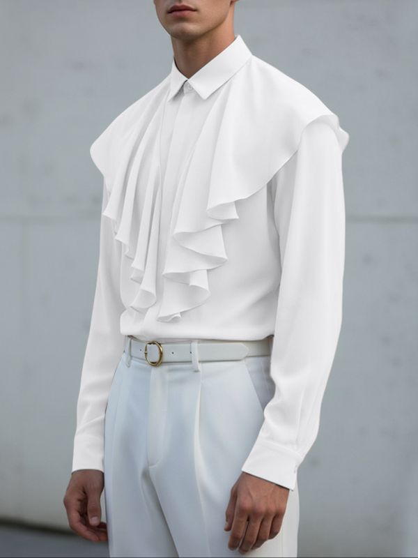 Men's Solid Color Ruffle Patchwork Long Sleeve Shirt SKUL43639