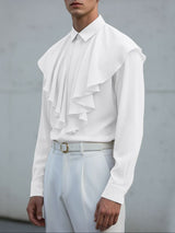 Men's Solid Color Ruffle Patchwork Long Sleeve Shirt SKUL43639