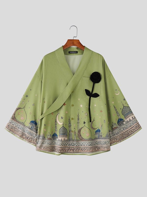 Men's Starry Moon Mosque Print 3D Rose Patch Loose Half-Sleeve Shirt SKUL61927