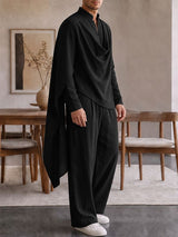 Men's Zen Minimalist Art Exhibition Draped Cape Collar Frog Button Two Pieces Outfit SKUL85354