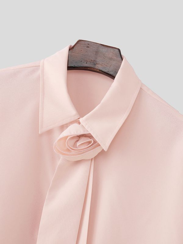 Men's Romantic Avant-Garde Rose Brooch Wide Tie Neck Half Sleeve Shirt SKUL64070