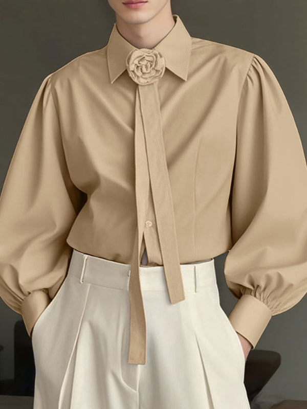 Men's Solid Color Floral Bow Long Sleeve Shirt SKUL30473