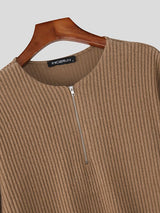 Men's Solid Color Textured Half Zip Long Sleeve T Shirt SKUL42818